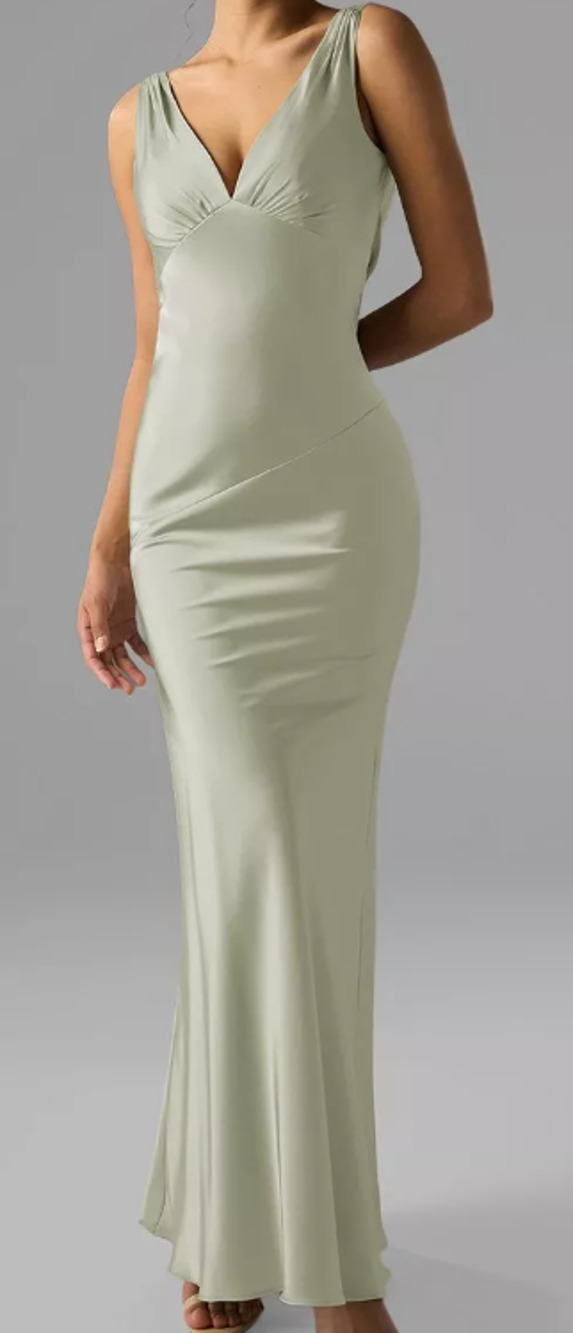 AW BRIDAL 6 S sage green satin charmeuse Rachael cowl back maxi dress NEW b55